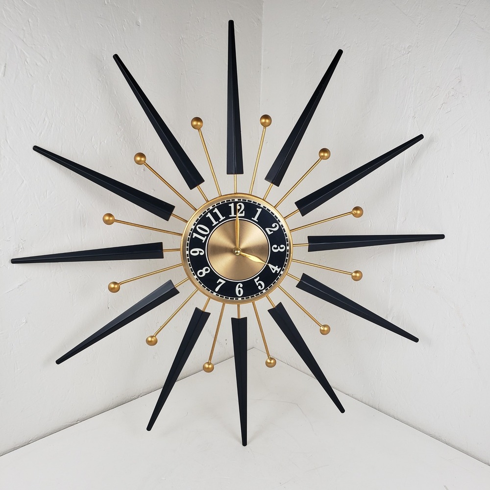 Mid Century Modern Sunburst Atomic Wall Clock Black Gold Starburst Retro 23" MCM